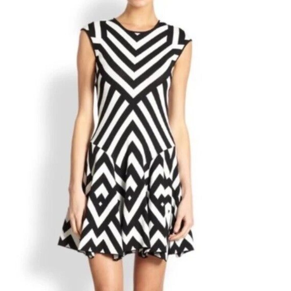 RVN Black & White Chevron Striped Knit Mini Dress S Small Cap Sleeve Drop Waist